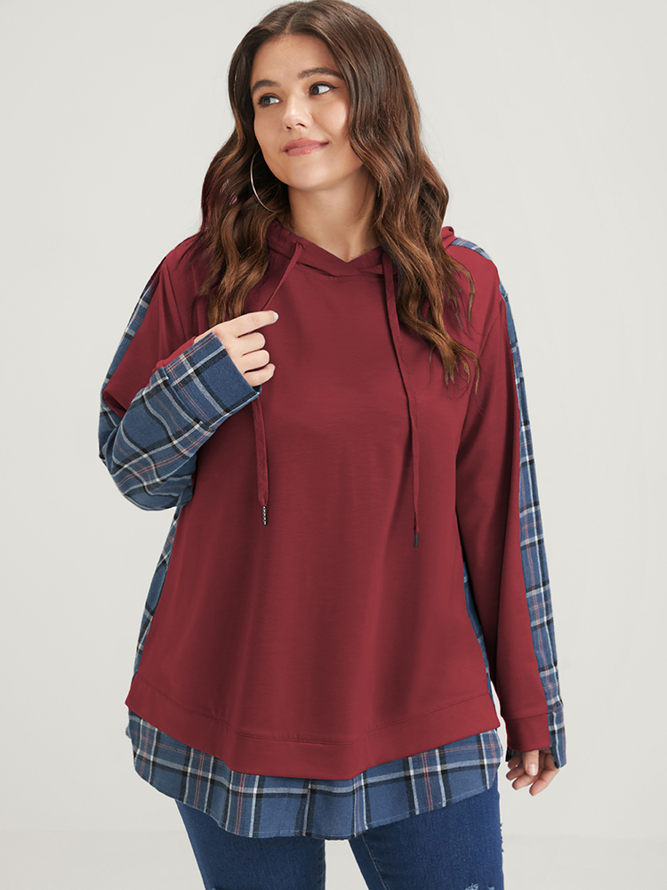 

Plus Size Plaid Contrast Asymmetrical Drawstring Hooded Sweatshirt Women Scarlet Casual Contrast Loose Hooded Dailywear Sweatshirts BloomChic