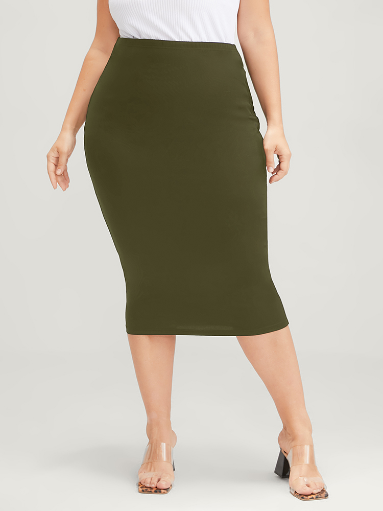 

Plus Size Plain Modal High Waist Skirt Women ArmyGreen Office Plain Bodycon High stretch Work Skirts BloomChic