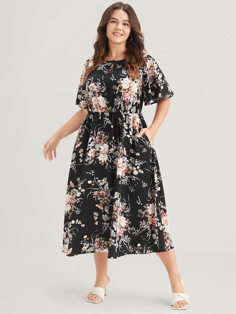 

Plus Size Bloom Dress - Floral Keyhole Round Neck Pocket Ruffles Midi Dress Black Women Elegant Printed Round Neck Short sleeve Curvy Midi Dress BloomChic