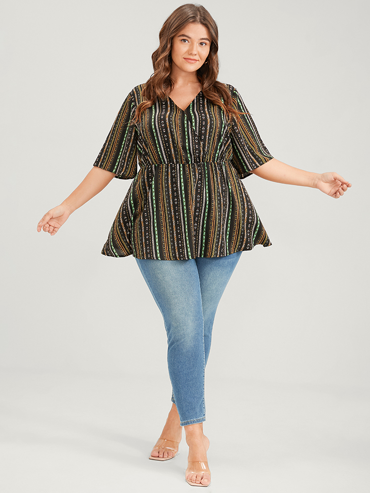 Plus Size Black Striped Elastic Waist Button Ruffles Wrap Blouse Women Elegant Short sleeve V-neck Dailywear Blouses BloomChic 18-20/2X 
