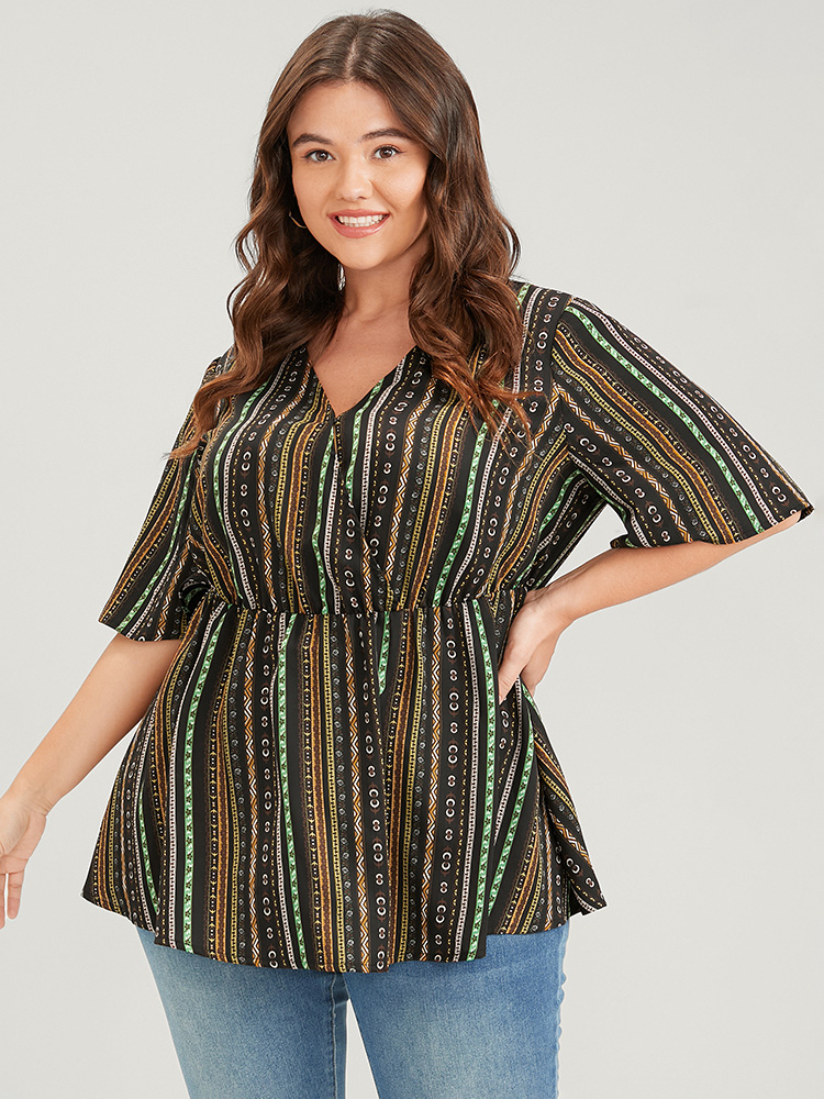 Plus Size Black Striped Elastic Waist Button Ruffles Wrap Blouse Women Elegant Short sleeve V-neck Dailywear Blouses BloomChic 18-20/2X 