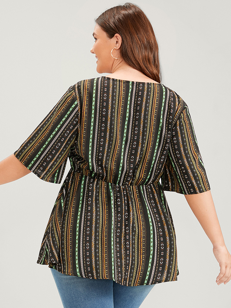 

Plus Size Black Striped Elastic Waist Button Ruffles Wrap Blouse Women Elegant Short sleeve V-neck Dailywear Blouses BloomChic