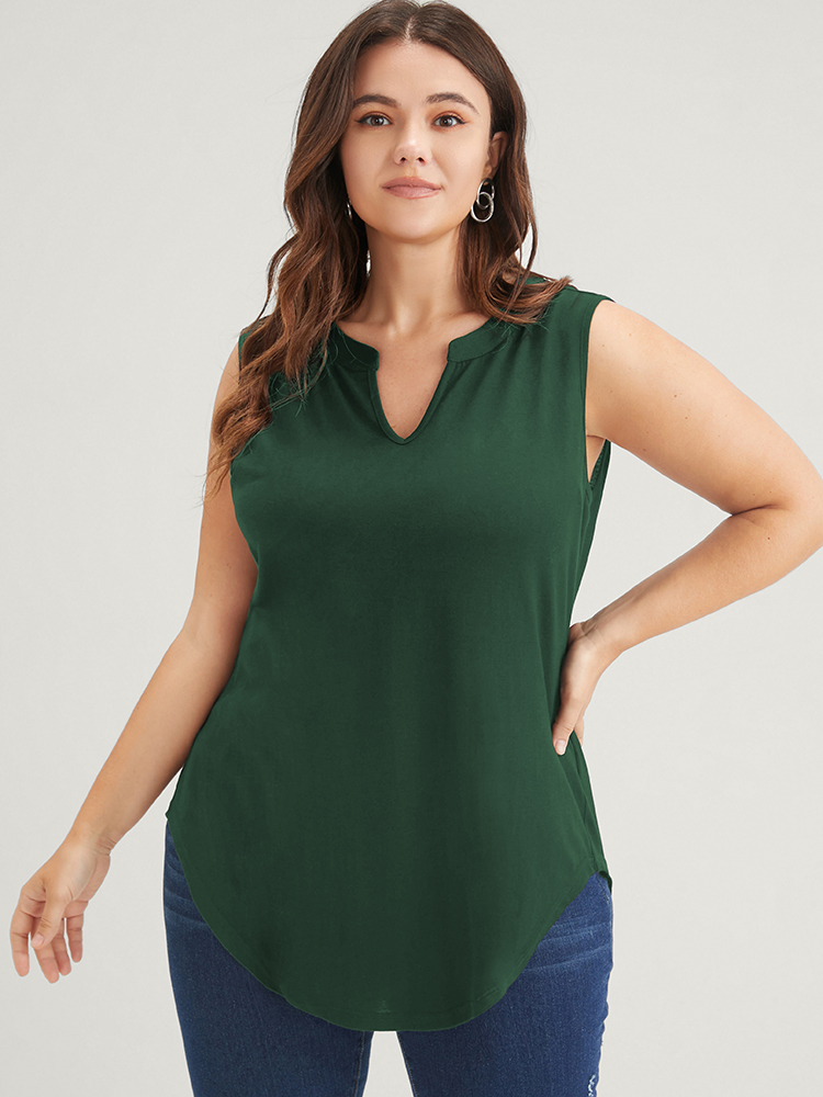 

Plus Size Solid Asymmetrical Hem Sleeveless Notched Tank Top Women Green Elegant Gathered V-neck Dailywear Tank Tops Camis BloomChic