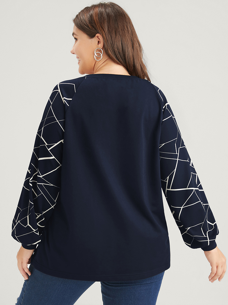 

Plus Size Geometric Raglan Sleeve Round Neck Sweatshirt Women DarkBlue Elegant Patchwork Round Neck Dailywear Sweatshirts BloomChic