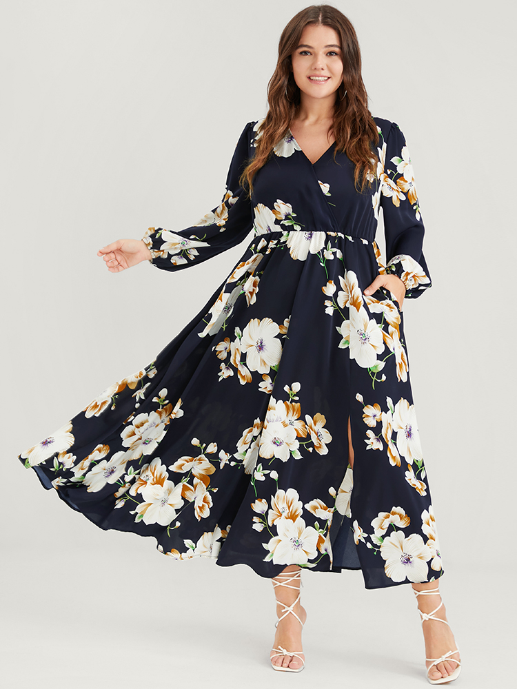 

Plus Size Bloom Dress - Floral Lantern Sleeve Pocket Split Surplice Neck Flutter Maxi Dress DarkBlue Women Elegant Printed V-neck Long Sleeve Curvy Long Dress BloomChic