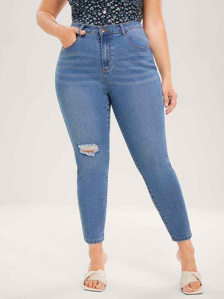 

Plus Size Skinny Very Stretchy High Rise Medium Wash Distressed Ankle Jeans Women Blue Casual Plain Plain High stretch Pocket Jeans BloomChic