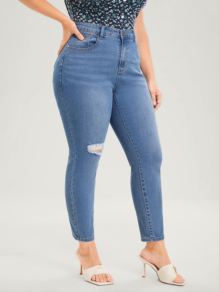 

Plus Size Skinny Very Stretchy High Rise Medium Wash Distressed Ankle Jeans Women Blue Casual Plain Plain High stretch Pocket Jeans BloomChic