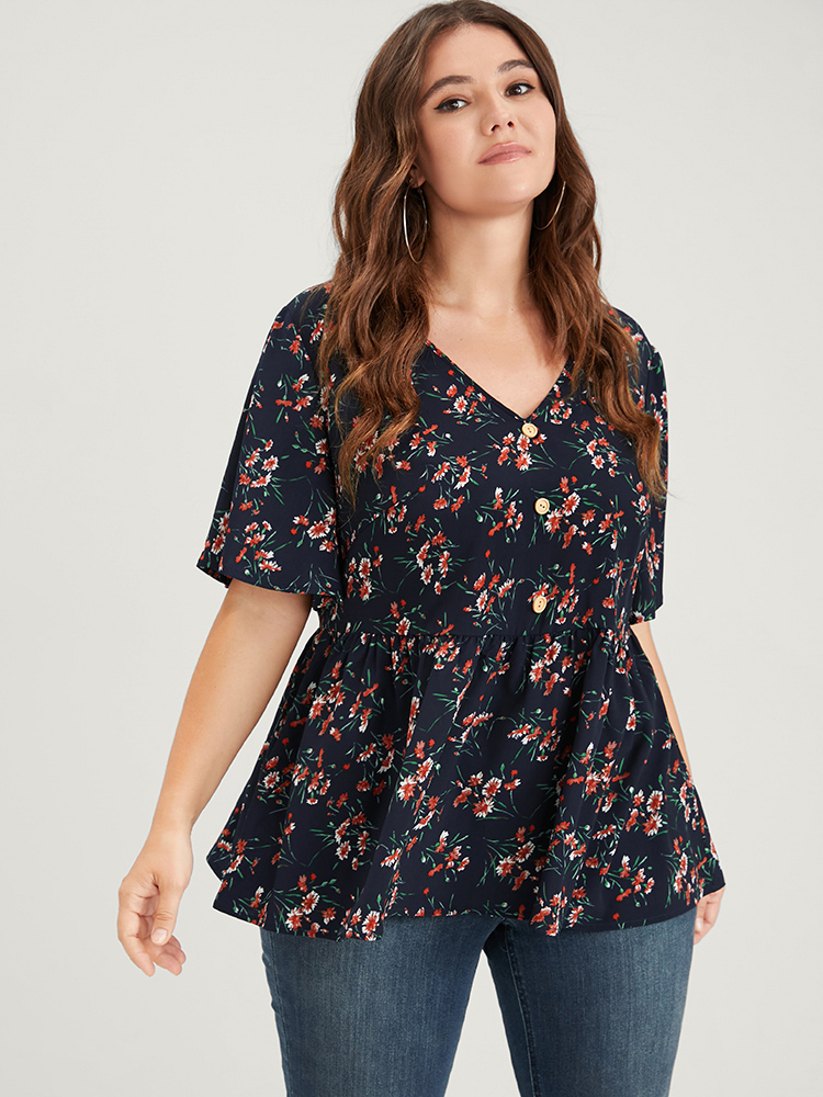 

Plus Size DarkBlue Floral Elastic Waist V Neck Button Ruffles Blouse Women Elegant Half Sleeve V-neck Dailywear Blouses BloomChic