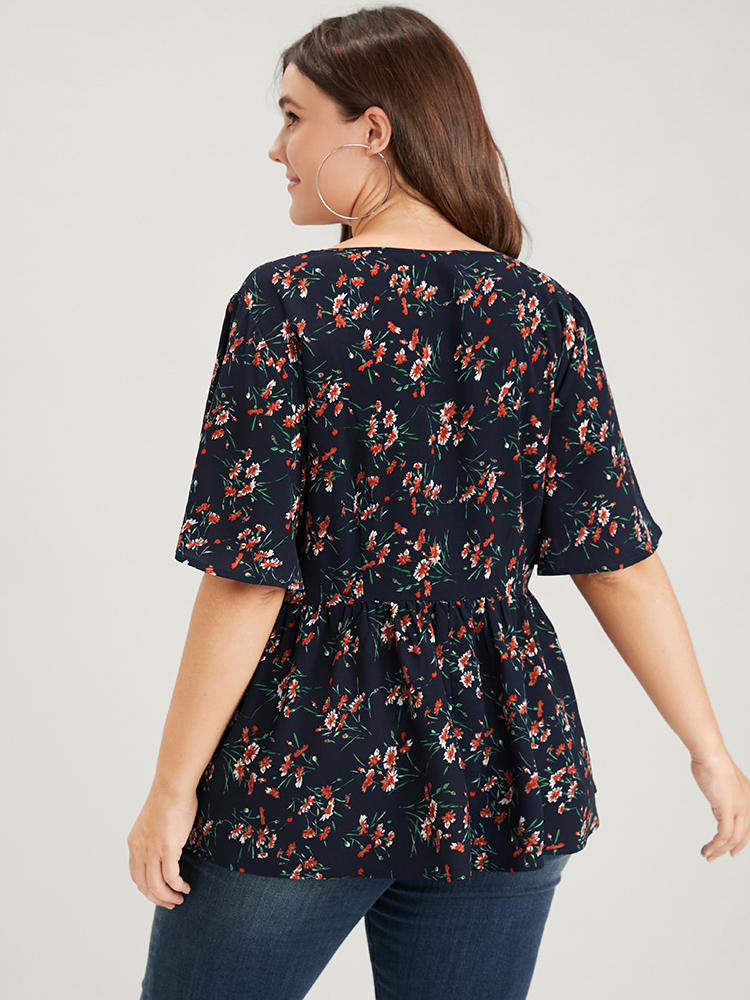 Plus Size DarkBlue Floral Elastic Waist V Neck Button Ruffles Blouse Women Elegant Half Sleeve V-neck Dailywear Blouses BloomChic 18-20/2X 