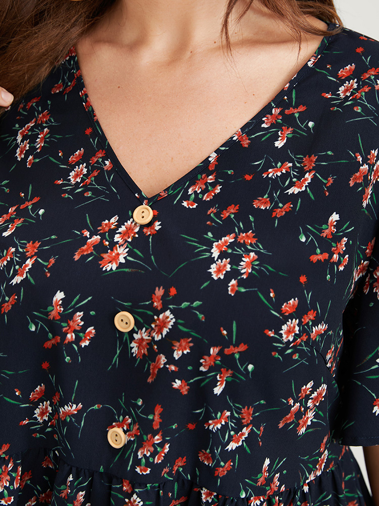 Plus Size DarkBlue Floral Elastic Waist V Neck Button Ruffles Blouse Women Elegant Half Sleeve V-neck Dailywear Blouses BloomChic 18-20/2X 