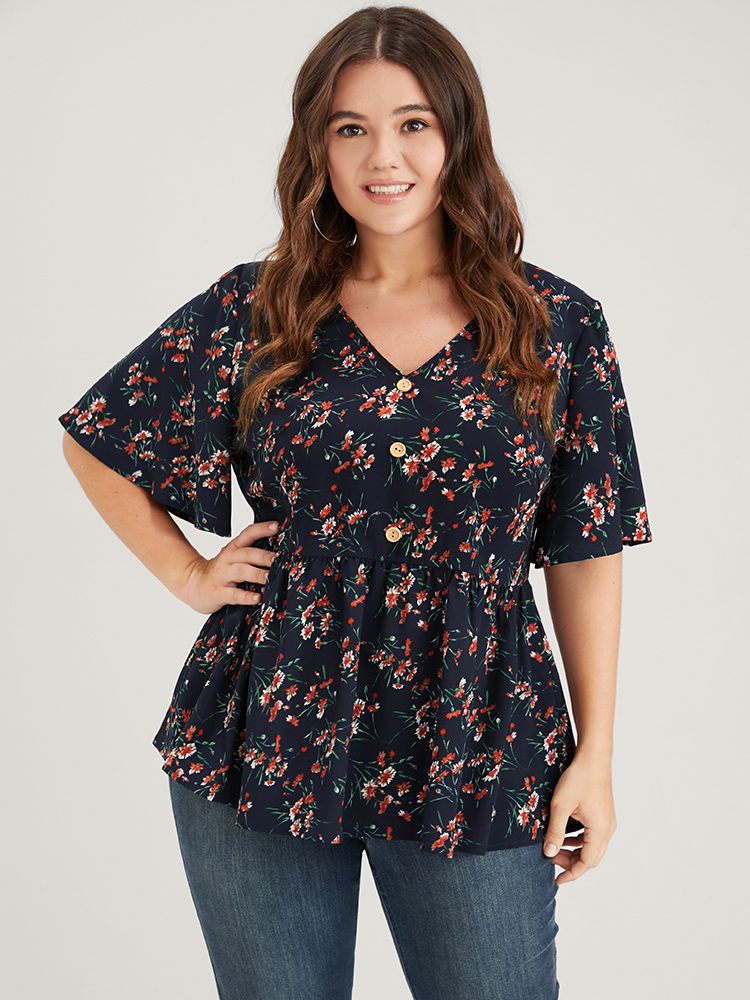 Plus Size DarkBlue Floral Elastic Waist V Neck Button Ruffles Blouse Women Elegant Half Sleeve V-neck Dailywear Blouses BloomChic 18-20/2X 
