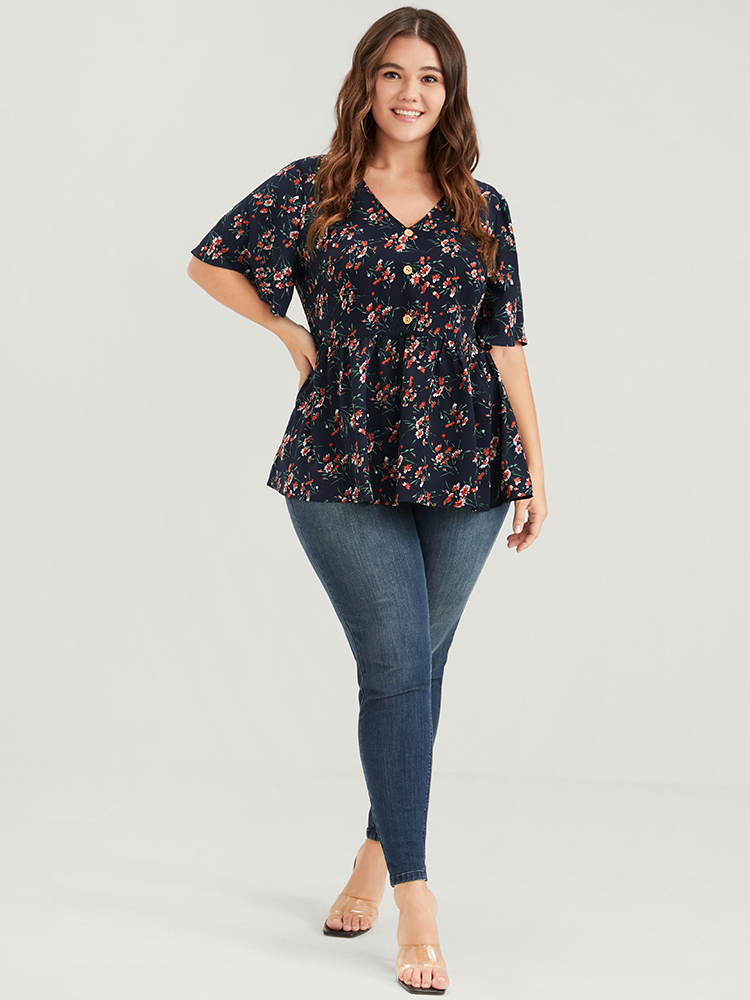 Plus Size DarkBlue Floral Elastic Waist V Neck Button Ruffles Blouse Women Elegant Half Sleeve V-neck Dailywear Blouses BloomChic 18-20/2X 