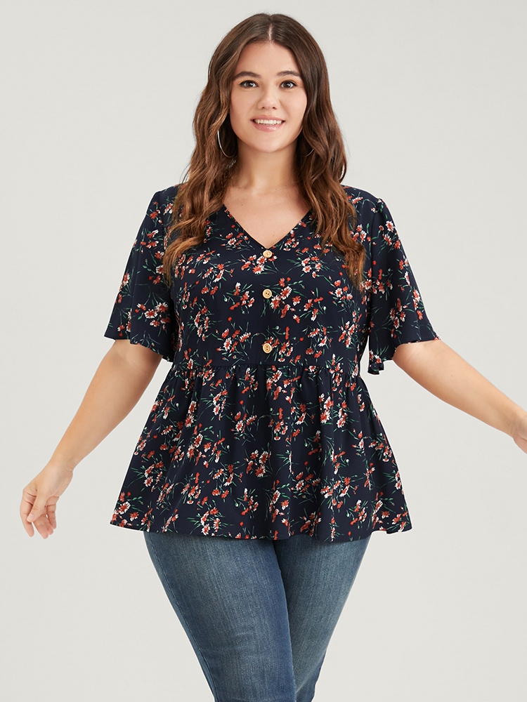 Plus Size DarkBlue Floral Elastic Waist V Neck Button Ruffles Blouse Women Elegant Half Sleeve V-neck Dailywear Blouses BloomChic 18-20/2X 