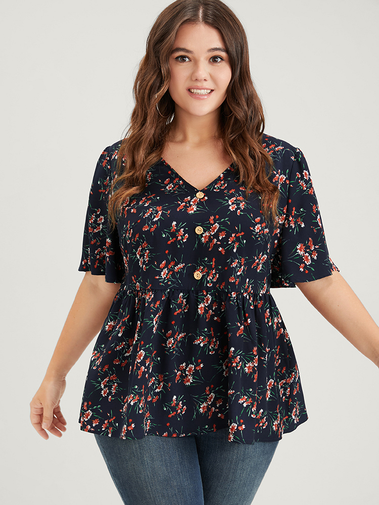 Plus Size DarkBlue Floral Elastic Waist V Neck Button Ruffles Blouse Women Elegant Half Sleeve V-neck Dailywear Blouses BloomChic 18-20/2X 