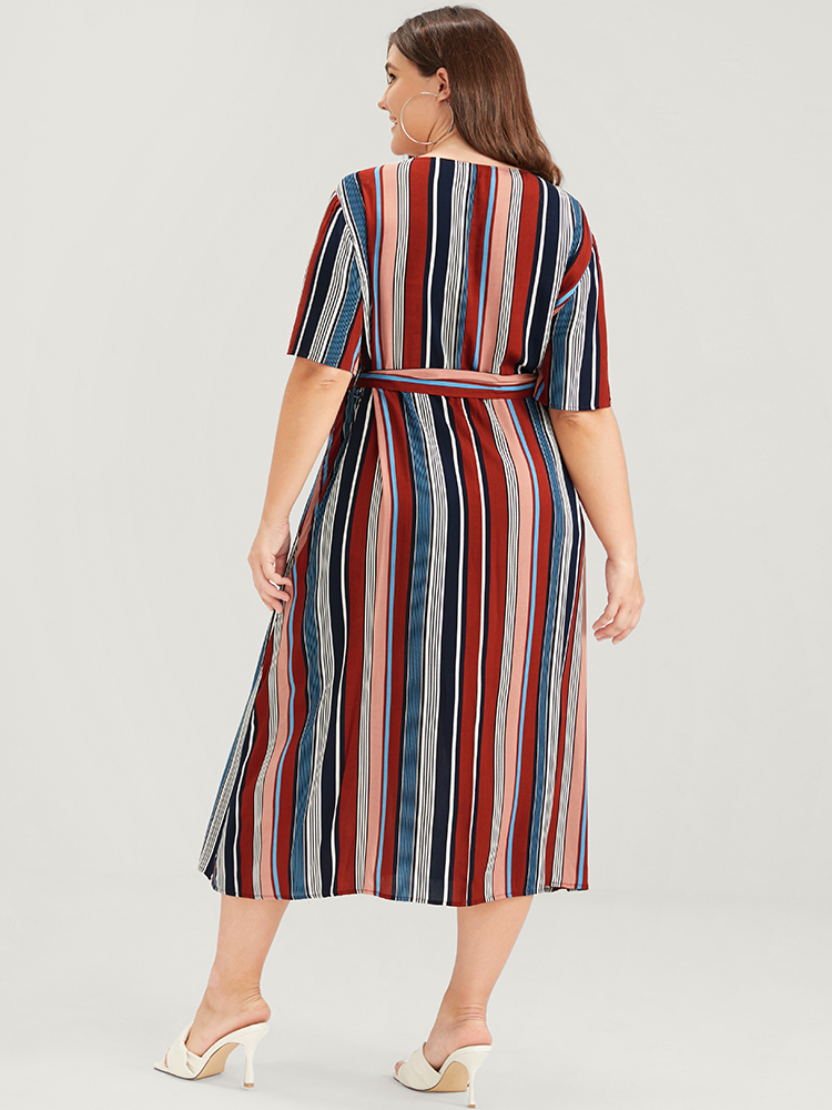 

Plus Size Striped Pocket Button Up Belted Midi Dress Scarlet Women Vacation Belted V-neck Half Sleeve Curvy Midi Dress BloomChic