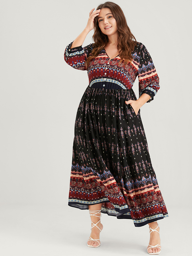 

Plus Size Bandana Button Pocket Flutter Split Hem Midi Dress Black Women Elegant Elastic Waist V-neck Elbow-length sleeve Curvy Long Dress BloomChic