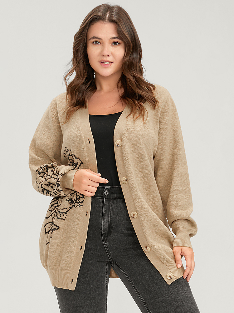 

Plus Size Solid Pointelle Knit Floral Jacquard Button Front Cardigan Tan Women Casual Long Sleeve Dailywear Cardigans BloomChic