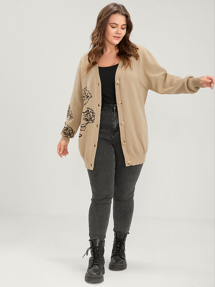 Plus Size Solid Pointelle Knit Floral Jacquard Button Front Cardigan Tan Women Casual Long Sleeve Dailywear Cardigans BloomChic 30/6X 