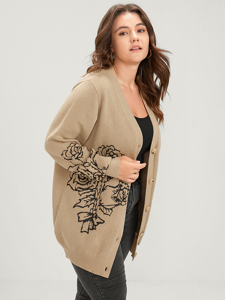Plus Size Solid Pointelle Knit Floral Jacquard Button Front Cardigan Tan Women Casual Long Sleeve Dailywear Cardigans BloomChic 30/6X 