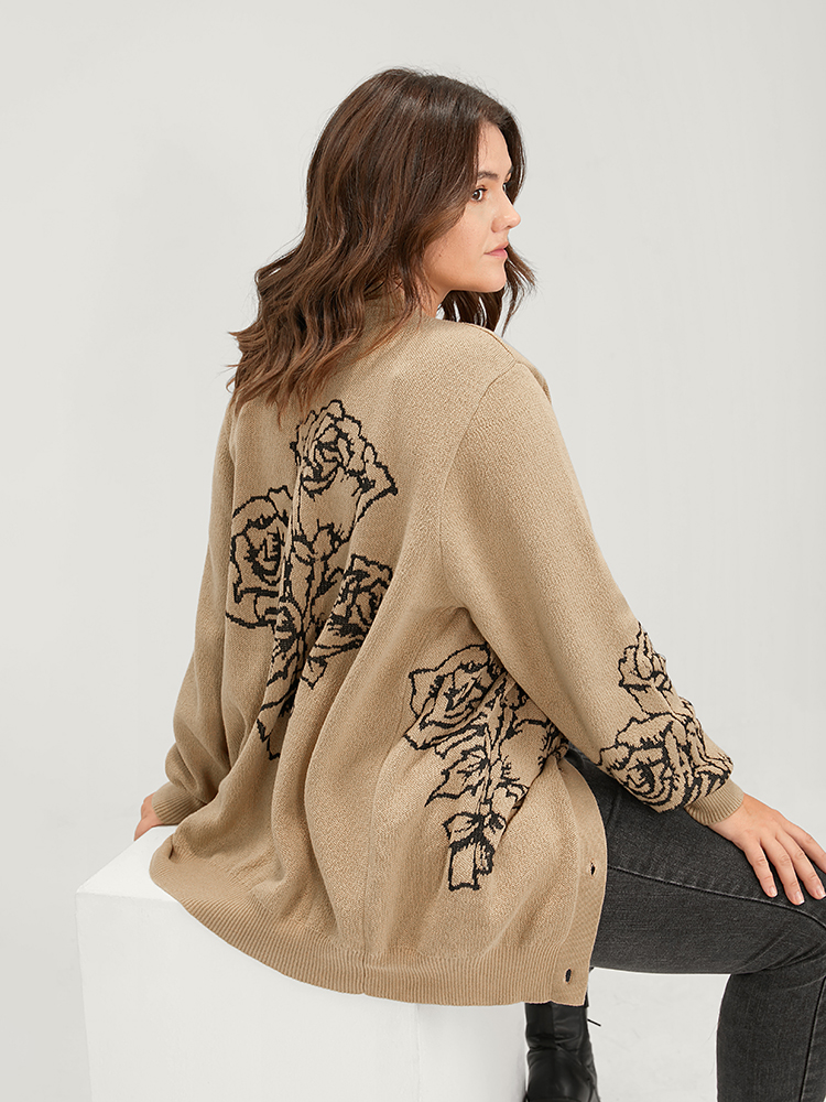 

Plus Size Solid Pointelle Knit Floral Jacquard Button Front Cardigan Tan Women Casual Long Sleeve Dailywear Cardigans BloomChic