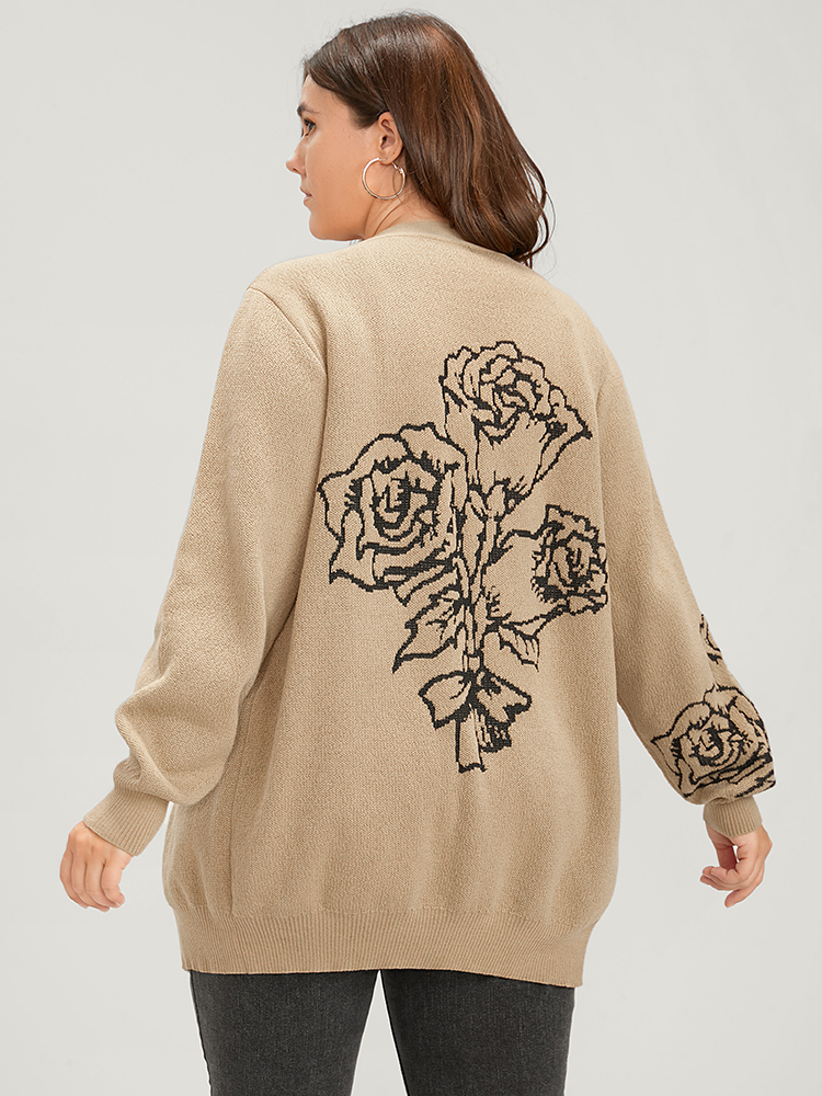 Plus Size Solid Pointelle Knit Floral Jacquard Button Front Cardigan Tan Women Casual Long Sleeve Dailywear Cardigans BloomChic 30/6X 