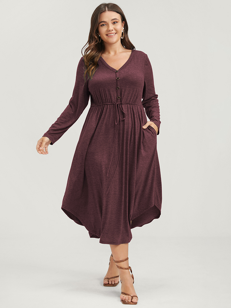 

Plus Size Solid Pocket Button Asymmetrical Hem Ties Midi Dress DustyPink Women Casual Patchwork V-neck Long Sleeve Curvy Midi Dress BloomChic