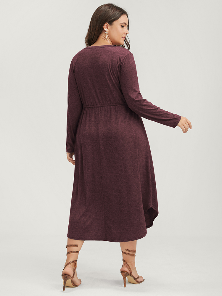 

Plus Size Solid Pocket Button Asymmetrical Hem Ties Midi Dress DustyPink Women Casual Patchwork V-neck Long Sleeve Curvy Midi Dress BloomChic