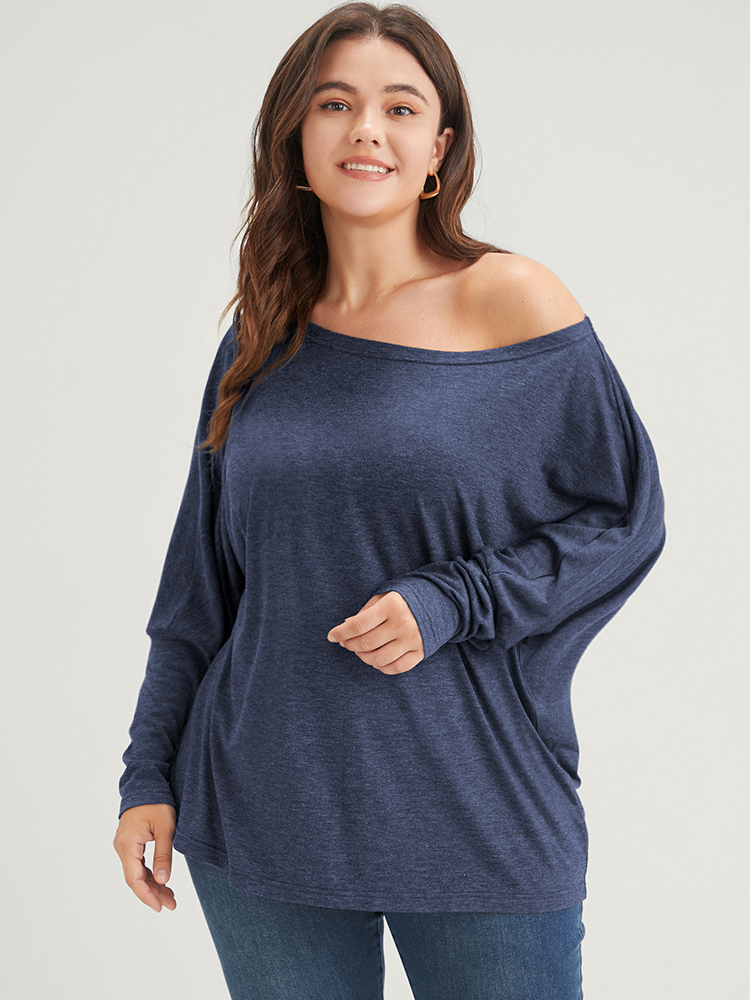 

Plus Size Solid Dolman Sleeve One Shoulder Long Tee DarkBlue One Shoulder Long Sleeve Casual Jersey Tops