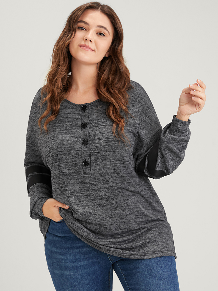 

Plus Size Plain Contrast Button Up Round Neck Sweatshirt Women DimGray Casual Contrast Round Neck Dailywear Sweatshirts BloomChic