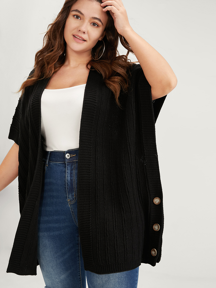 

Plus Size Solid Pointelle Knit Button Hem Dolman Sleeve Open Front Cardigan Black Women Elegant Oversized Sleeveless Dailywear Cardigans BloomChic