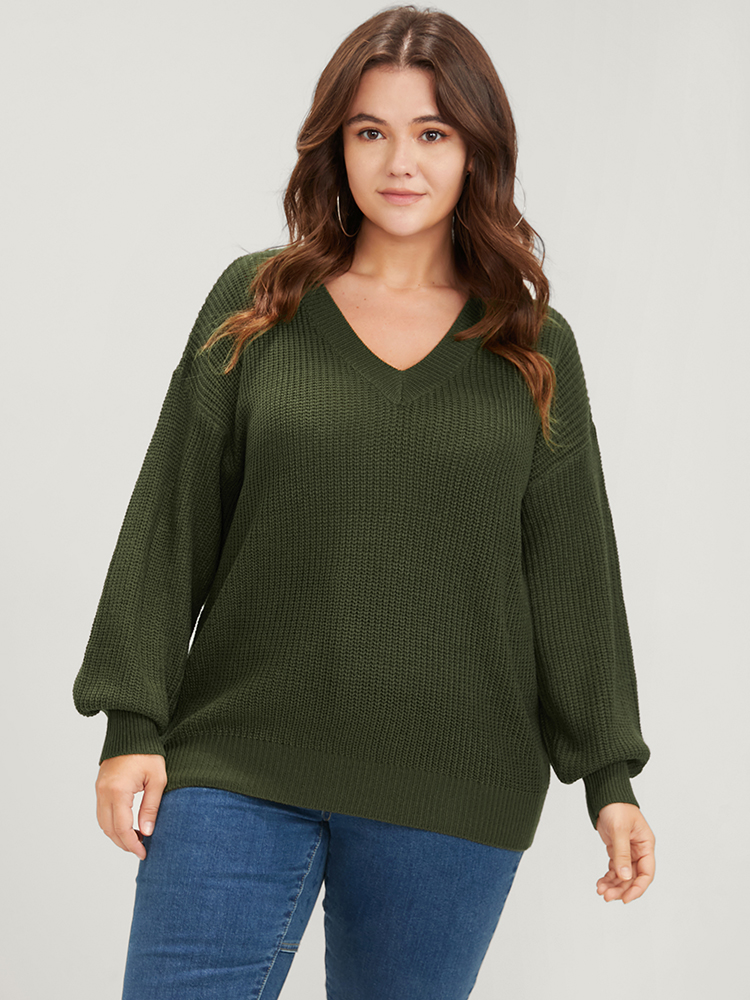 

Plus Size Solid Pointelle Knit V Neck Knit Top ArmyGreen Women Casual Loose Long Sleeve V-neck Dailywear Pullovers BloomChic