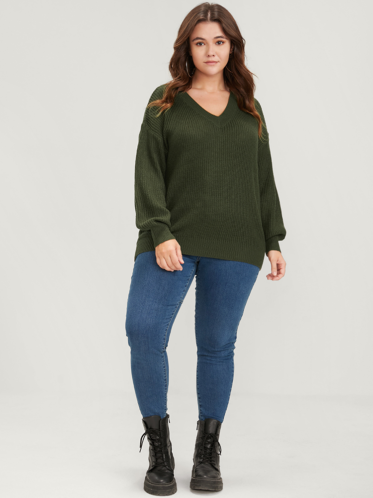 Plus Size Solid Pointelle Knit V Neck Knit Top ArmyGreen Women Casual Loose Long Sleeve V-neck Dailywear Pullovers BloomChic 14-16/1X 