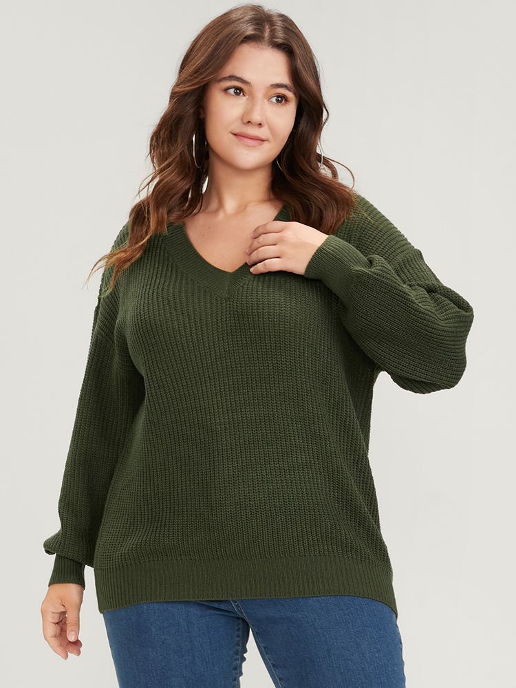Plus Size Solid Pointelle Knit V Neck Knit Top ArmyGreen Women Casual Loose Long Sleeve V-neck Dailywear Pullovers BloomChic 14-16/1X 