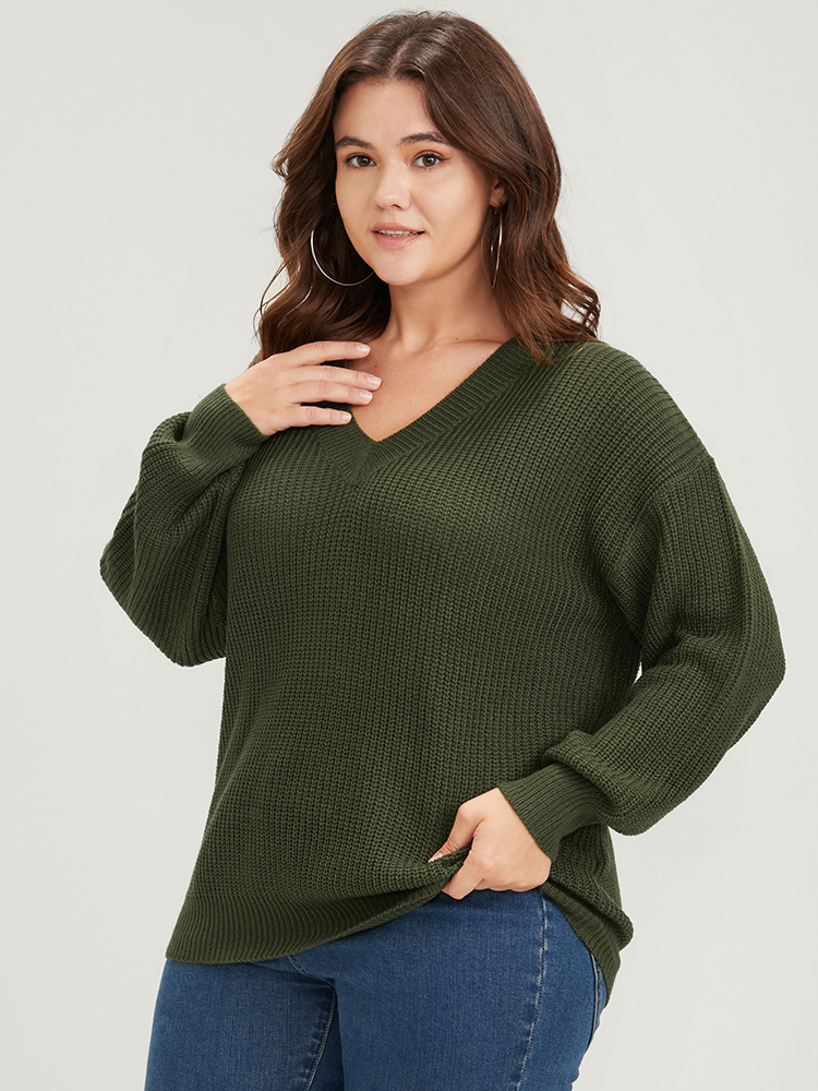 Plus Size Solid Pointelle Knit V Neck Knit Top ArmyGreen Women Casual Loose Long Sleeve V-neck Dailywear Pullovers BloomChic 14-16/1X 