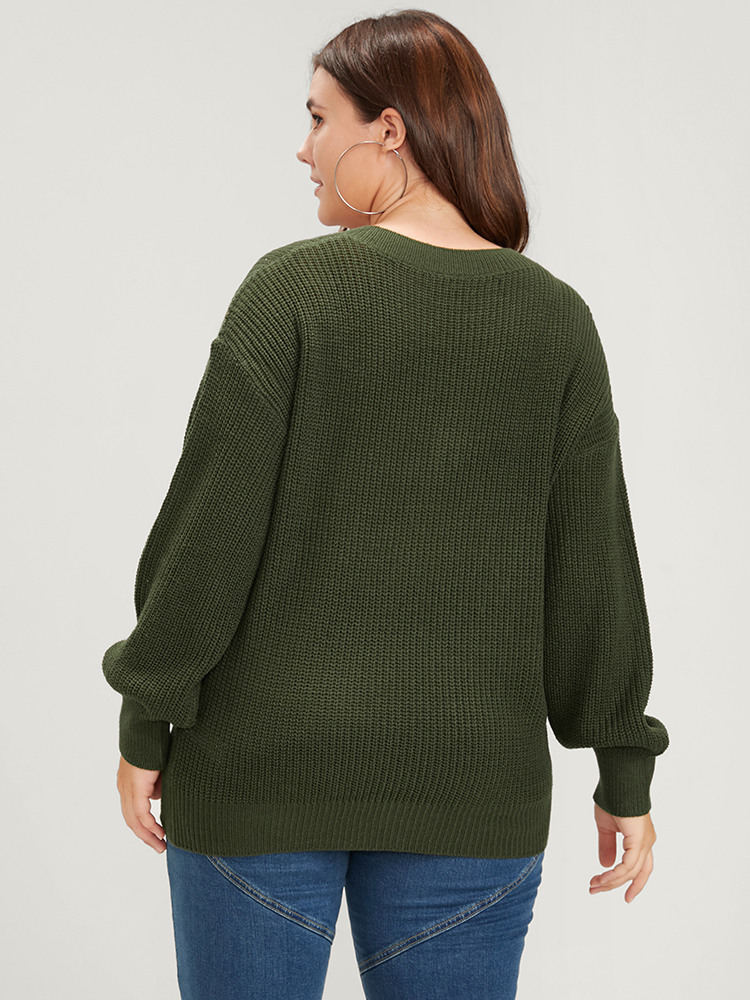 

Plus Size Solid Pointelle Knit V Neck Knit Top ArmyGreen Women Casual Loose Long Sleeve V-neck Dailywear Pullovers BloomChic