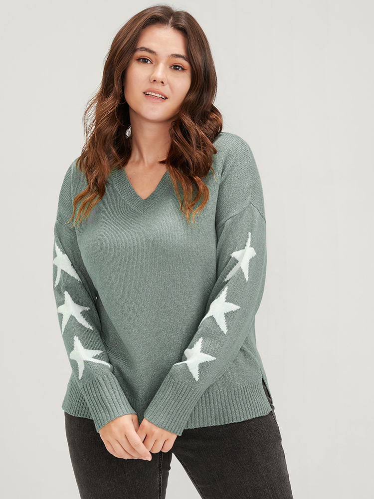 

Plus Size Star Print Contrast Pointelle Knit Slpit Hem Knit Top DarkSlateGray Women Casual Long Sleeve V-neck Dailywear Pullovers BloomChic