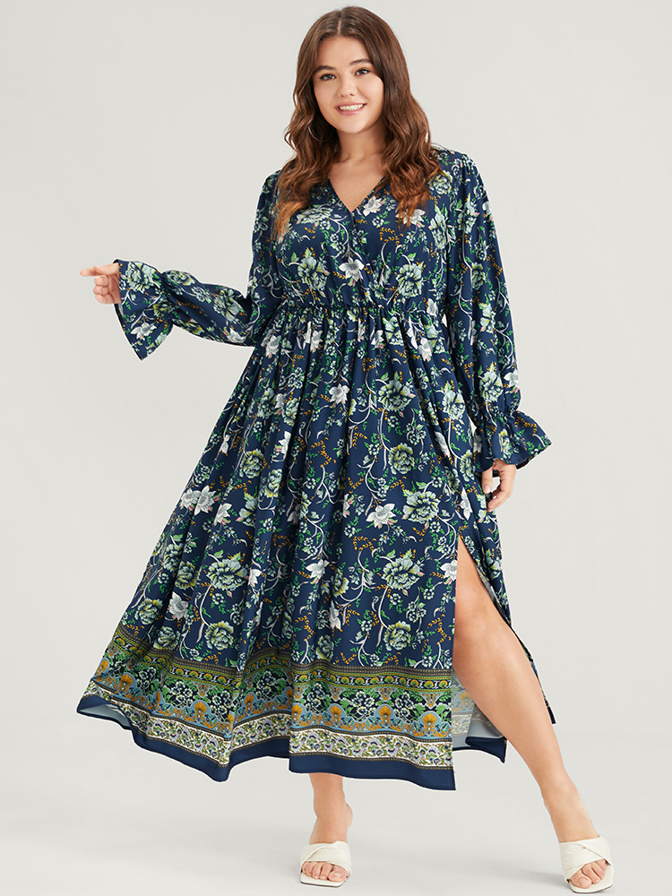 

Plus Size Floral Lantern Sleeve Pocket Split Wrap Flutter Hem Maxi Dress DarkBlue Women Vacation Slit V-neck Long Sleeve Curvy Long Dress BloomChic