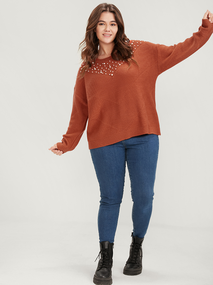 

Plus Size Solid Pointelle Knit Pearls Beaded Knit Top Rust Women Casual Loose Long Sleeve Round Neck Dailywear Pullovers BloomChic