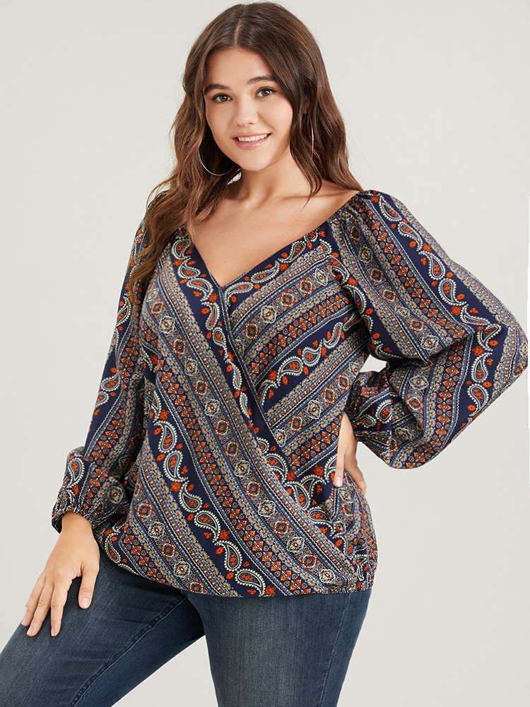 

Plus Size DarkBlue Bandana Striped Lantern Sleeve Button Backless Wrap Blouse Women Elegant Long Sleeve V-neck Dailywear Blouses BloomChic