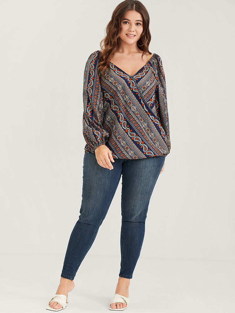 Plus Size Women Dailywear Bohemian Print Printed Lantern Sleeve Long Sleeve V-neck Elegant Blouses BloomChic 