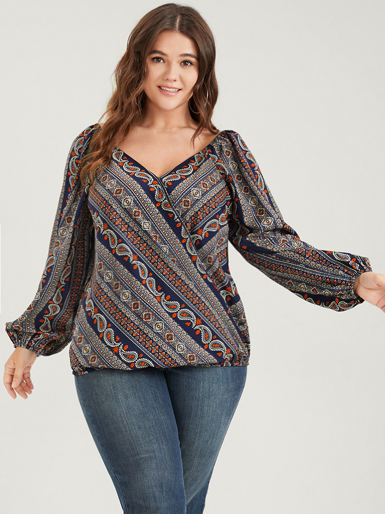 Plus Size Women Dailywear Bohemian Print Printed Lantern Sleeve Long Sleeve V-neck Elegant Blouses BloomChic 