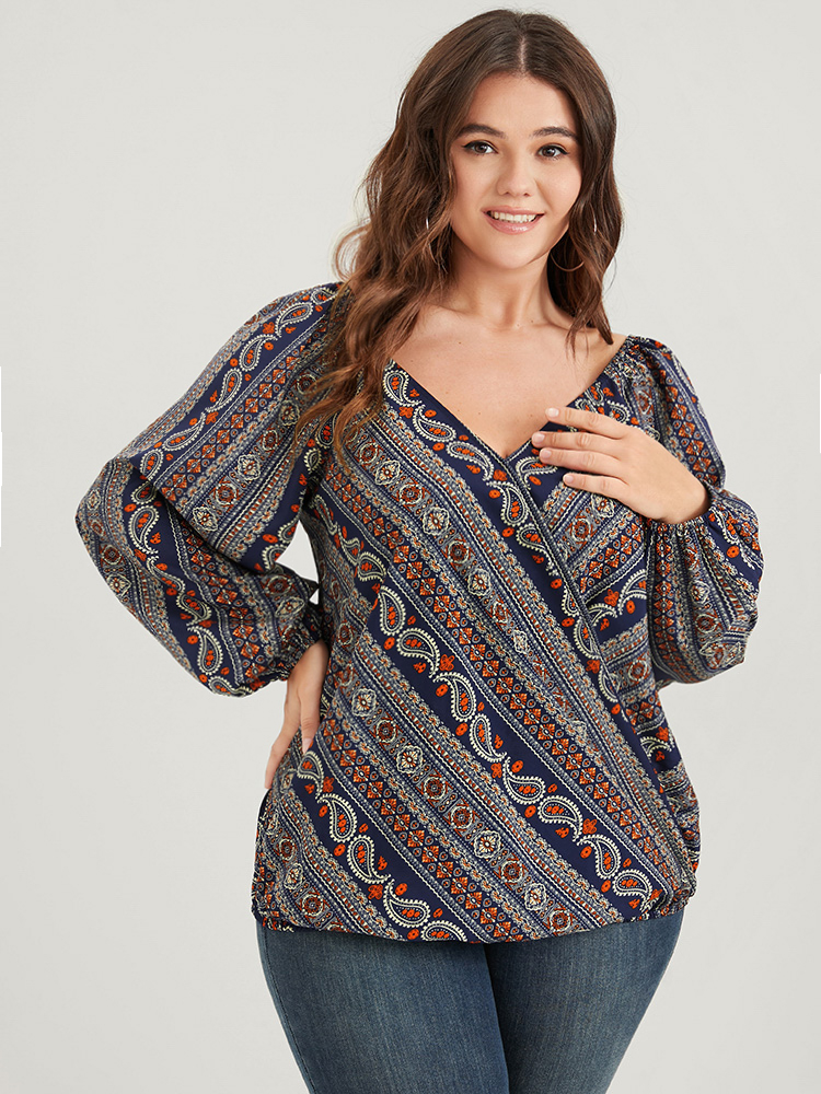 Plus Size Women Dailywear Bohemian Print Printed Lantern Sleeve Long Sleeve V-neck Elegant Blouses BloomChic 
