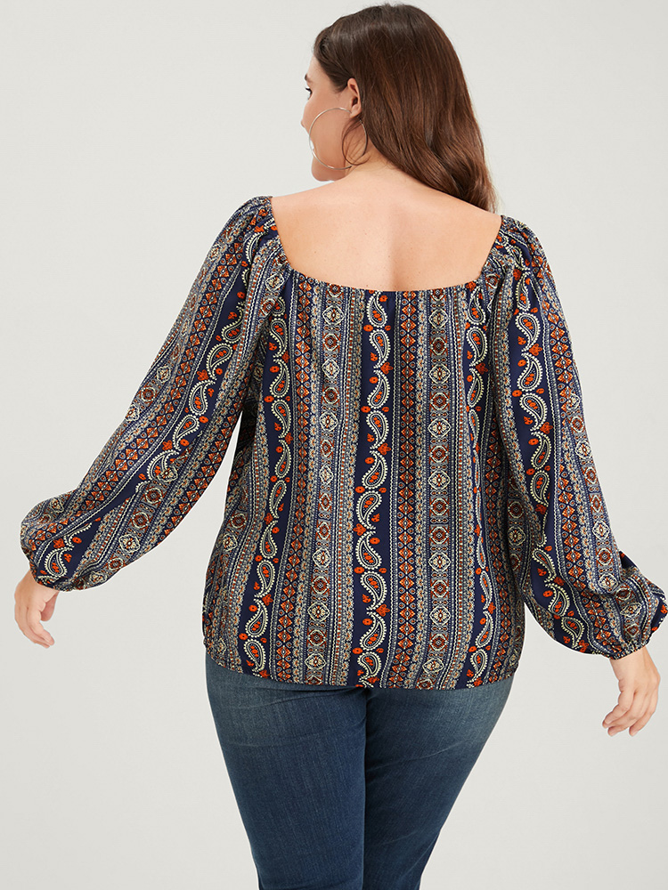 Plus Size Women Dailywear Bohemian Print Printed Lantern Sleeve Long Sleeve V-neck Elegant Blouses BloomChic 