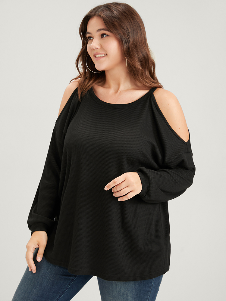 

Plus Size Solid Cold Shoulder Long Tee Black Women Casual Plain Plain Cold Shoulder Dailywear T-shirts BloomChic