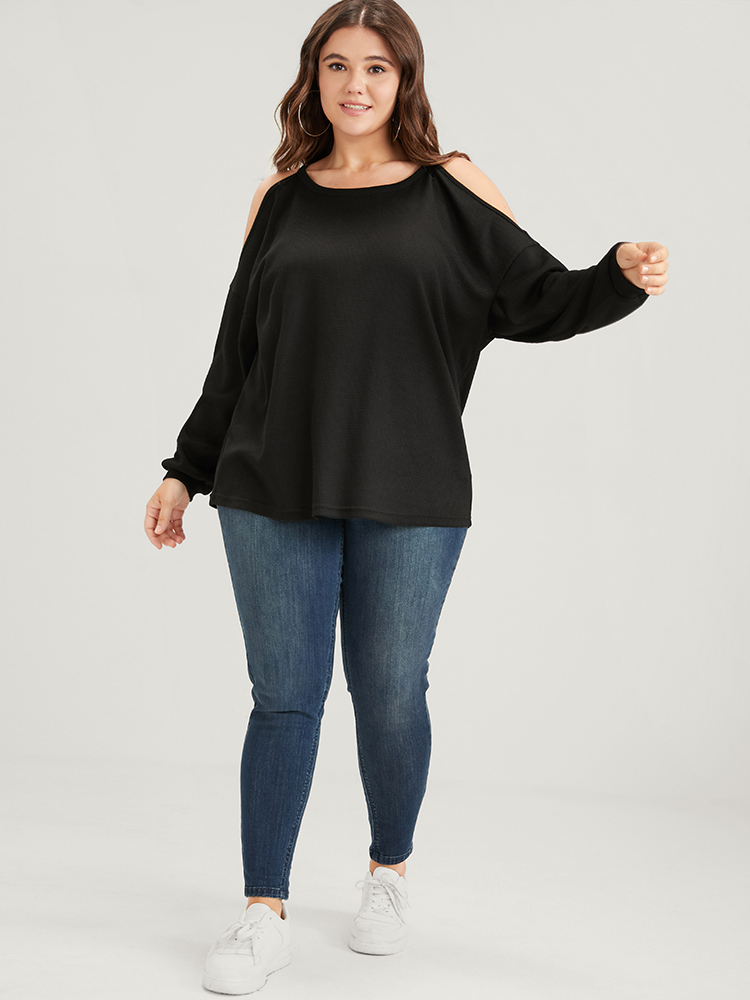 

Plus Size Solid Cold Shoulder Long Tee Black Women Casual Plain Plain Cold Shoulder Dailywear T-shirts BloomChic