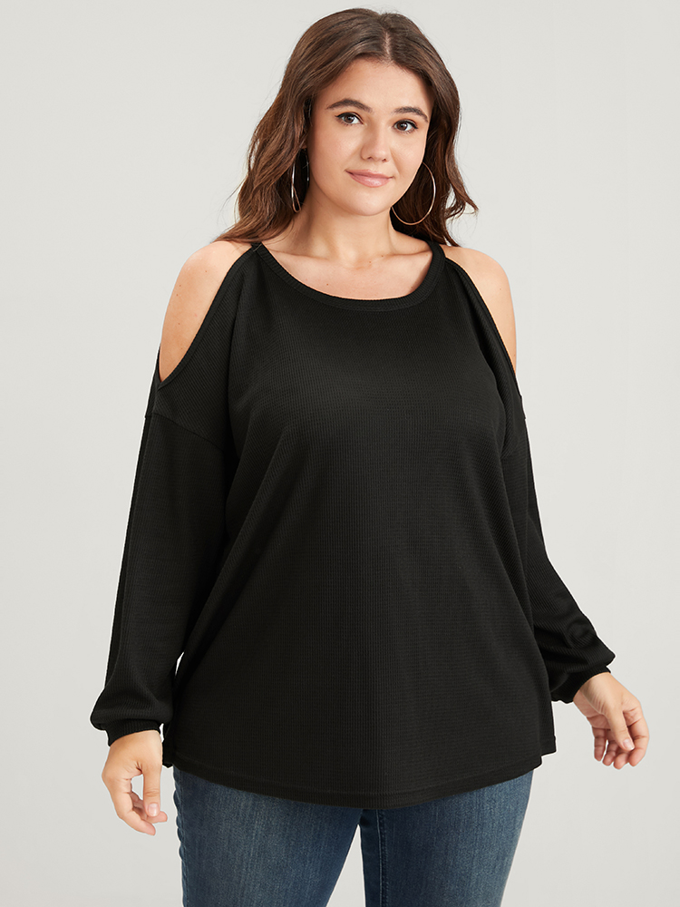 Plus Size Solid Cold Shoulder Long Tee Black Women Casual Plain Plain Cold Shoulder Dailywear T-shirts BloomChic 12/L 