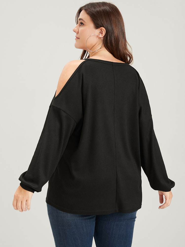 Plus Size Solid Cold Shoulder Long Tee Black Women Casual Plain Plain Cold Shoulder Dailywear T-shirts BloomChic 12/L 