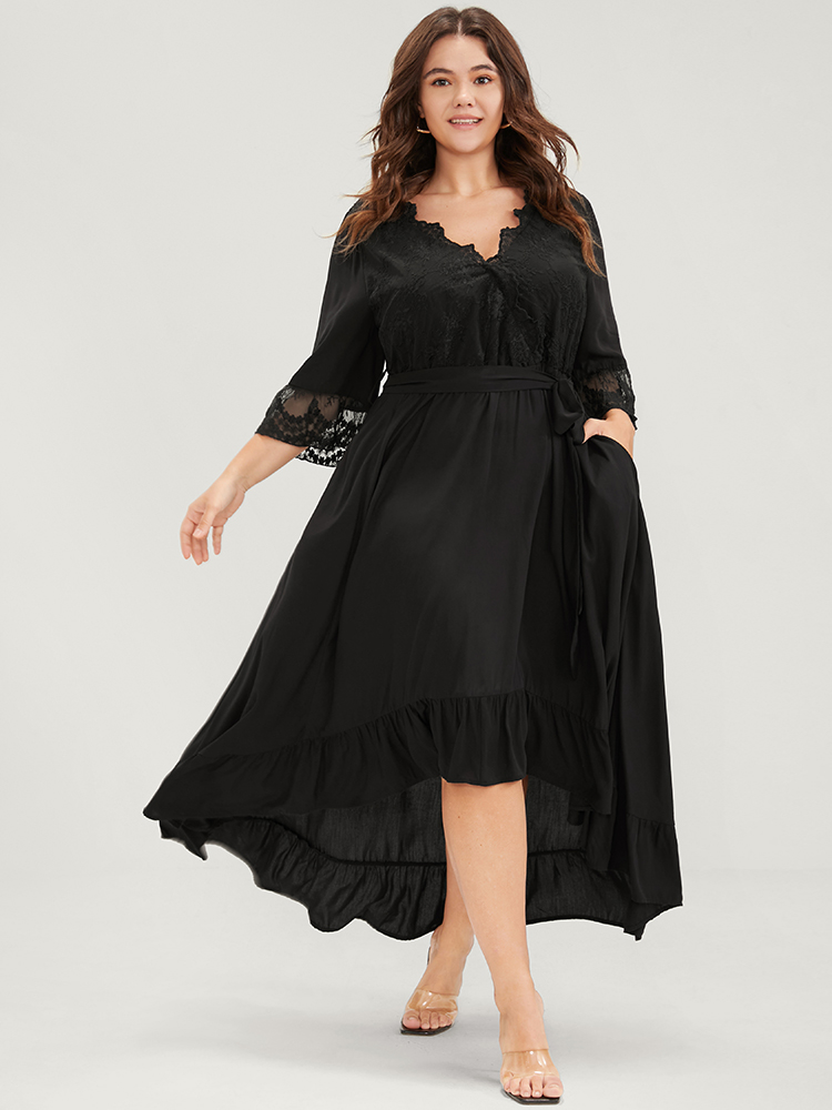 

Plus Size Solid Bell Sleeve Pocket Asymmetrical Hem Belted Lace Wrap Dress Black Women Elegant Patchwork V-neck Half Sleeve Curvy Long Dress BloomChic