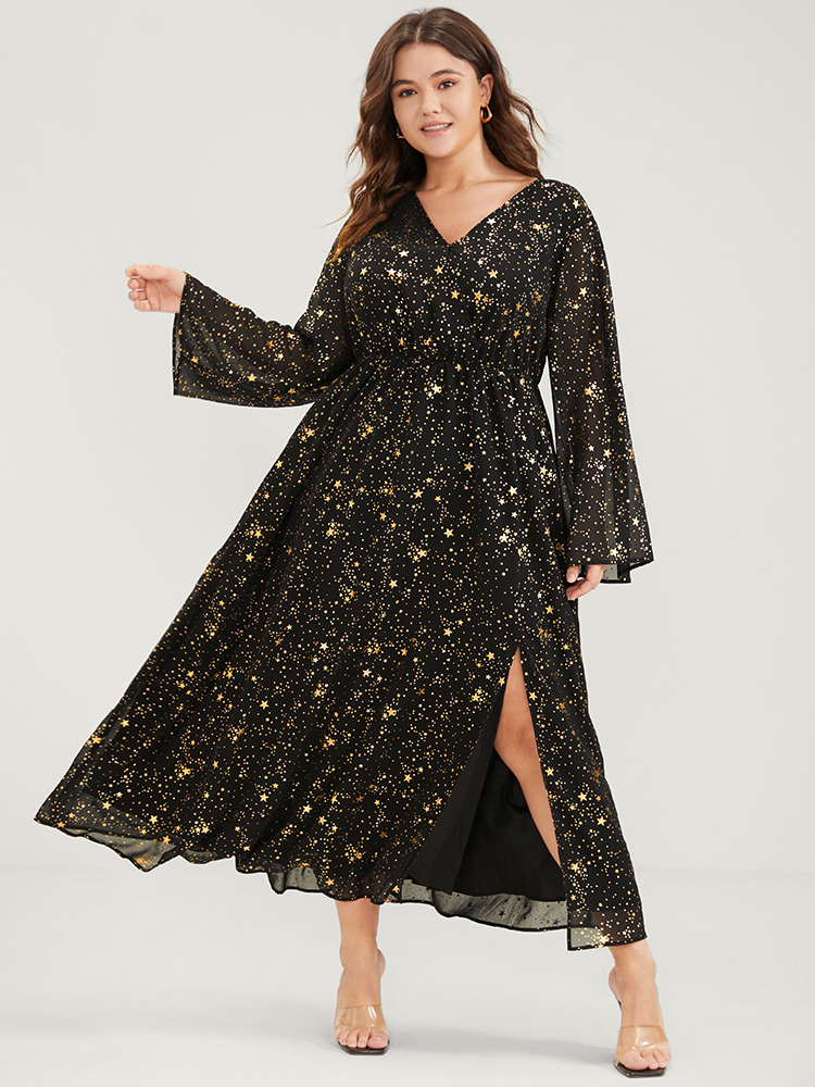 

Plus Size Star Split Button Bell Sleeve Flutter Hem Wrap Maxi Dress Black Women Party Printed V-neck Long Sleeve Curvy Long Dress BloomChic