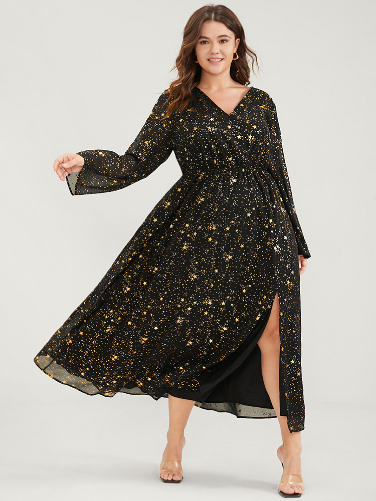 

Plus Size Star Split Button Bell Sleeve Flutter Hem Wrap Maxi Dress Black Women Party Printed V-neck Long Sleeve Curvy Long Dress BloomChic